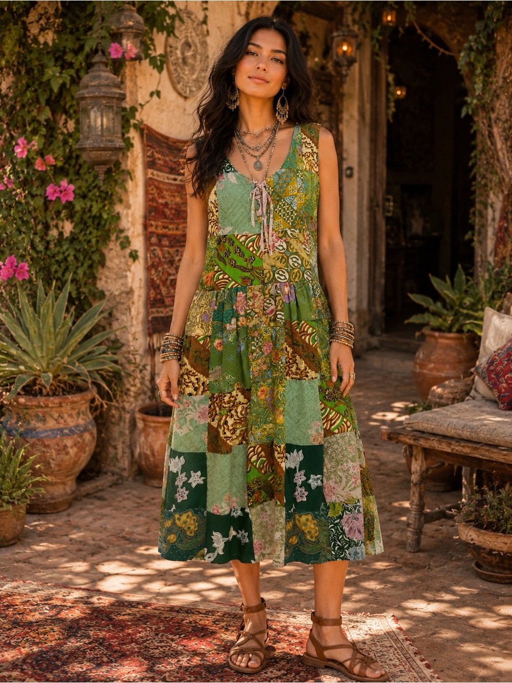⛱️ H075 NWT Jaded Gypsy L/XL ptp21 w17-20 Green Patchwork Midi Dress Tie Front